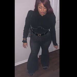 Fashion Nova Denim Outline Crop W/ puff sleeve